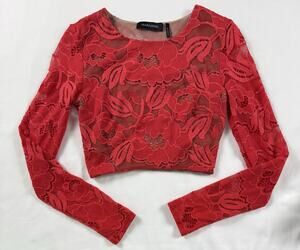 Marciano Lace Crop Top XS Red Nude Illusion Floral Sheer Femme Fatale Glam USA